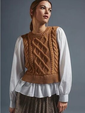 By Anthropologie Sweater Vest & Blouse Layered Top tan white size M